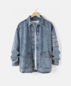 Mens Letter Sleeve Cotton Denim Jacket - Blue